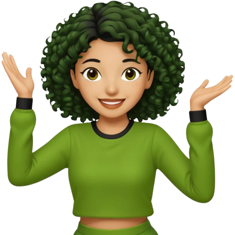 a woman with olive skin tone and curly black hair wearing green and dancing emoji