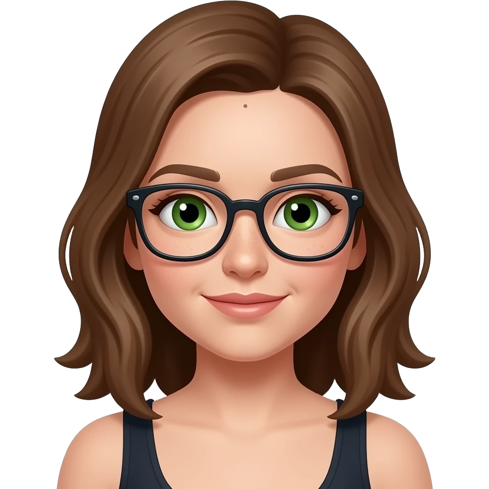 Julie with green eyes and freckle on forhead with glasses emoji