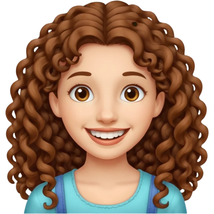create a frontend girl that has an oval face and very very long brown curly hair and has bracesin her teeth and white emoji