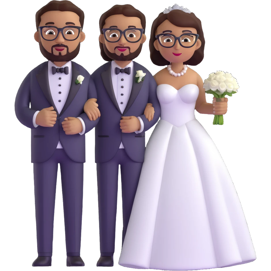 light-skinned African American woman with glasses in a wedding dress and light-skinned man with a black goatee in a tuxedo emoji