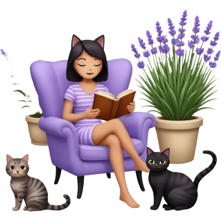 moji illustration, full body woman reading a book on a cozy armchair in a lavender garden, two separate cats next to her (one solid black cat, one brown tabby cat with stripes), small side table with coffee mug, soft peaceful vibe emoji