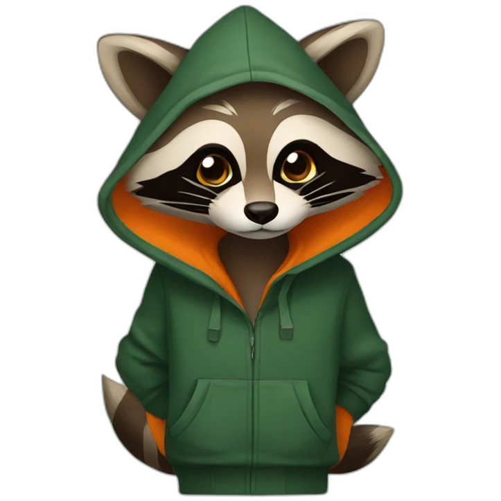 brown raccoon with orange eyes and a dark green hood that is smiling emoji