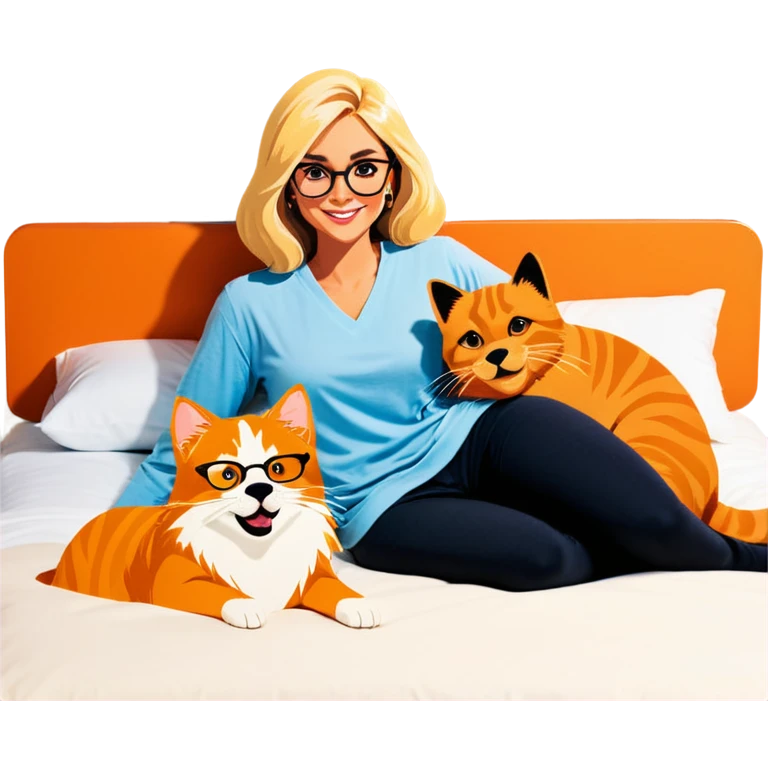 Blonde woman in bed with glasses with a dark, gray cat and orange cat and a golden retriever emoji