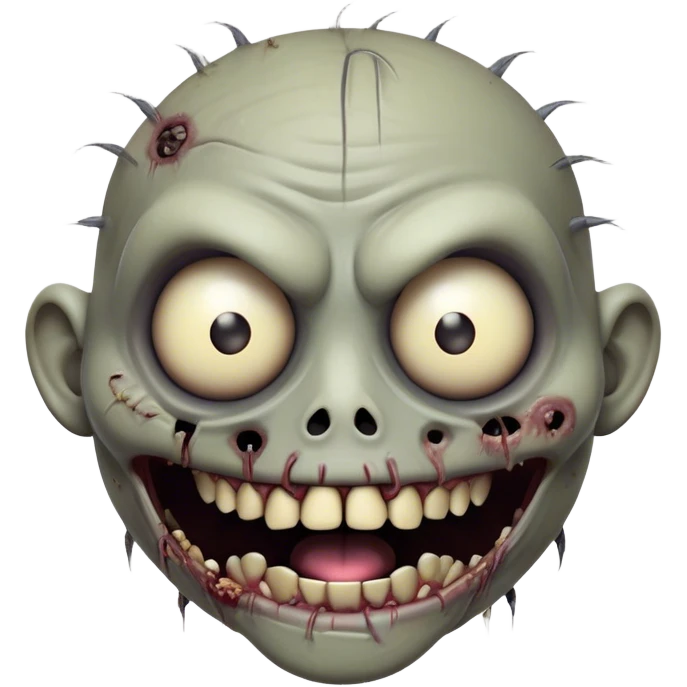 Cinematic Comical Zombie Portrait Emoji, with a grotesquely exaggerated yet playful decaying face in muted ashen tones, head cocked in a dramatically shocked expression with wildly comical, googly eyes and a gaping, silly grin revealing quirky stitches, simplified yet hilariously expressive, highly detailed with a soft eerie glowing outline capturing the absurd humor of a zombie in comic disbelief! emoji