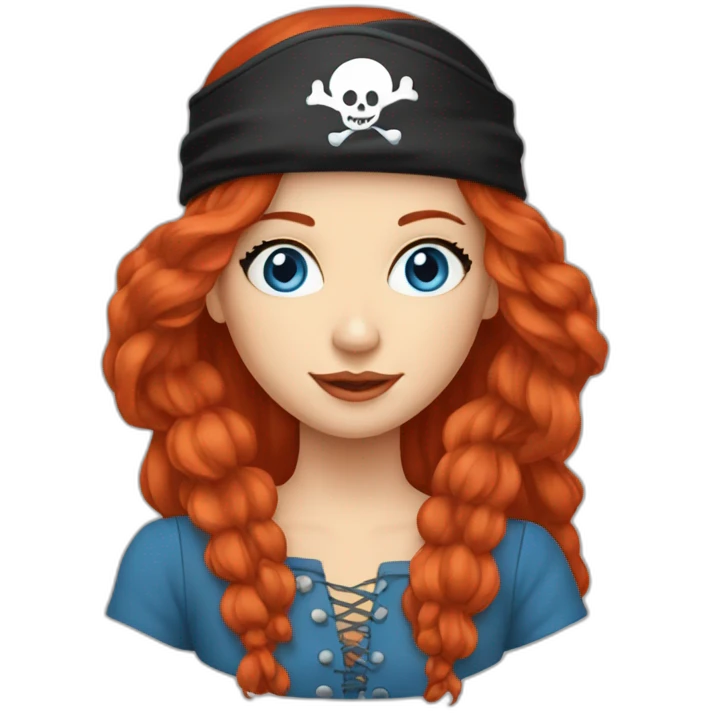 Woman long red hair in a platt.pirate hat. One side of head has no hair. Blue eyes. skull and crossbones t shirt emoji