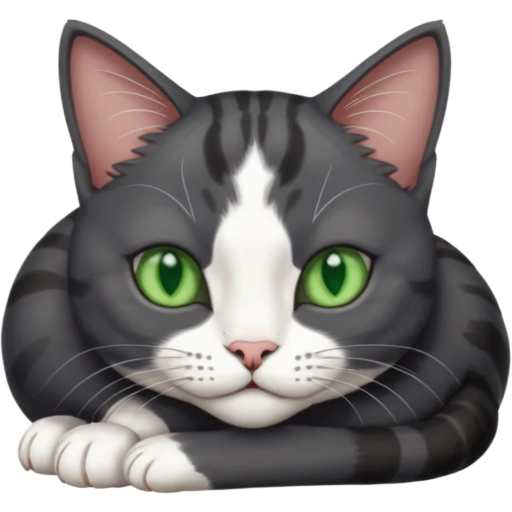 beautiful female solid dark grey cat with green eyes, white toes/paws and white patch on her chest lying down emoji