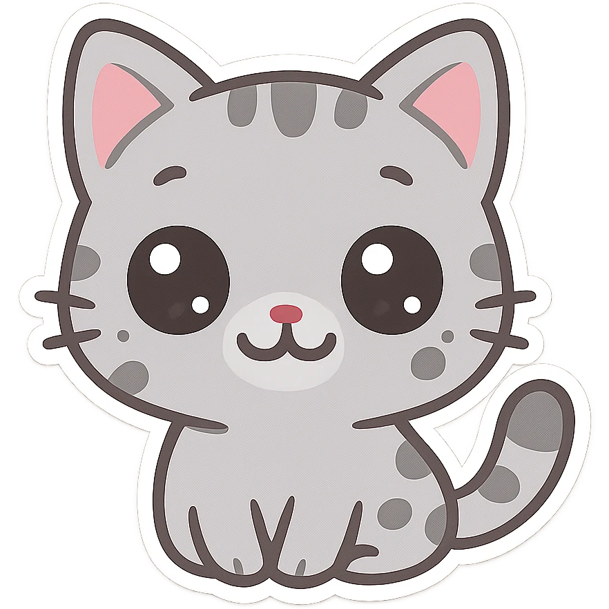 Cute emoji of a small gray cat with black spots, big shiny kawaii eyes, tiny pink nose, and a sweet smiling expression. Minimalist design, clean vector style, high resolution, soft pastel colors, with a transparent background. emoji