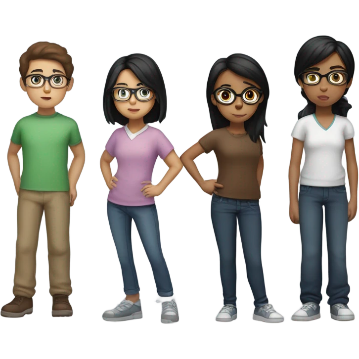 2 brown haired girls, a black haired girl with glasses, a black haired short boy and a brown haired boy, all lunging to the side emoji