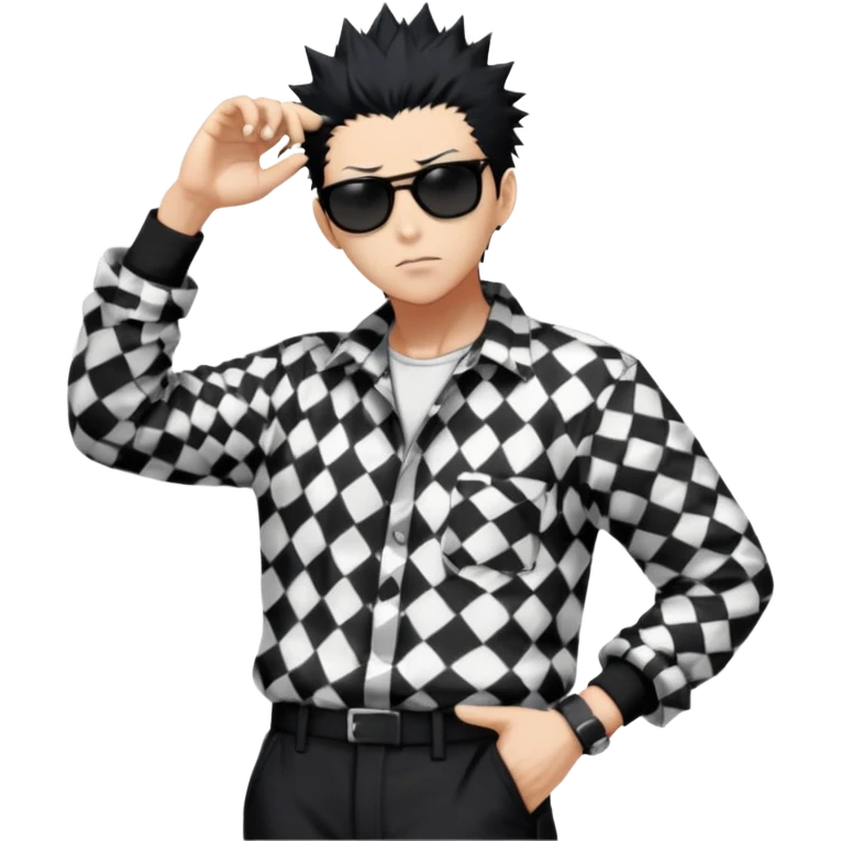 Satoru Gojo from Jujutsu Kaisen with spiky black hair, wearing black and white checkered shirt with rolled-up sleeves, black pants, confident expression, sunglasses on top of head, one hand in pocket emoji