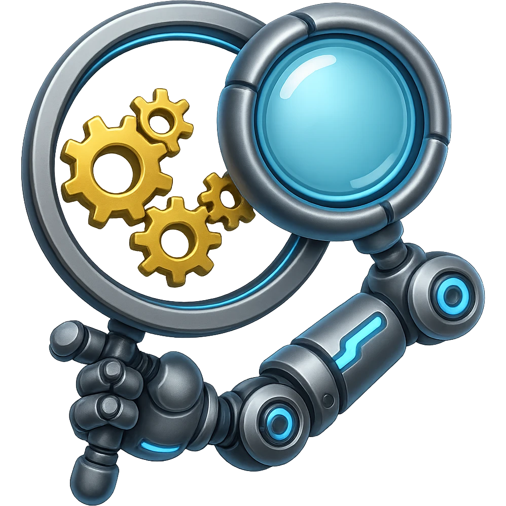 Make this magnifying glass look robotic with metallic textures, robotic joints, and glowing blue accents. Keep the emoji style and no background. emoji