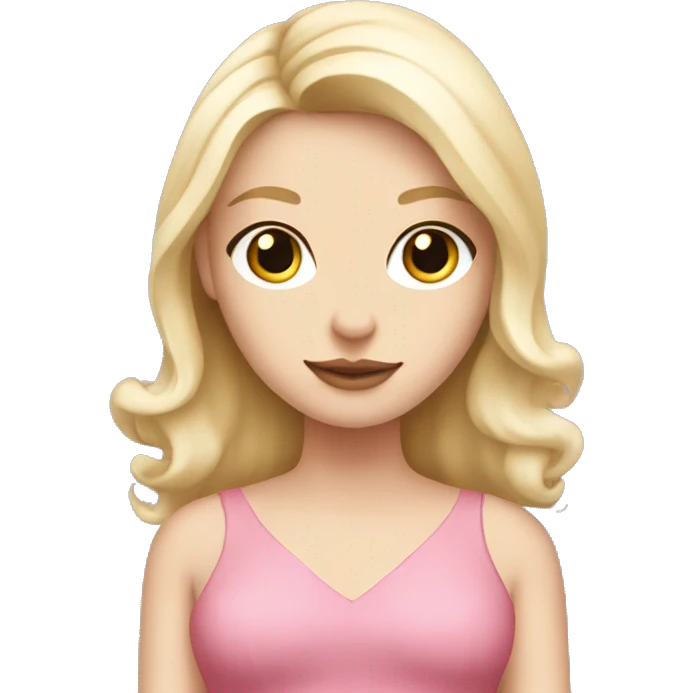 A white girl blonde hair with a pink dress holding a white cat emoji