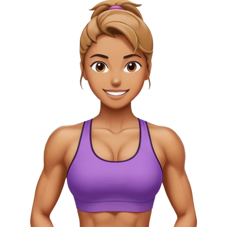 A woman in athletic wear is sweating it out in the gym, her face adorned with a confident smile, her muscles well-defined, showcasing strength and grace. emoji