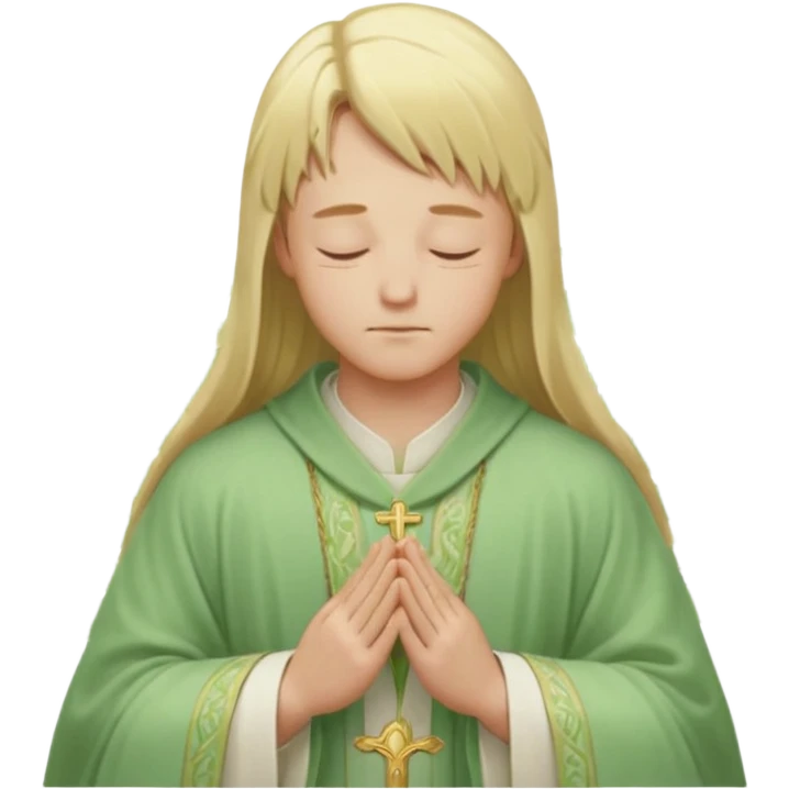 a young bishop, long blonde hair, light green wide, flowing outer robe. hands clasped together, eyes closed. Soft light, subtle fern. Waist-up, profile. emoji