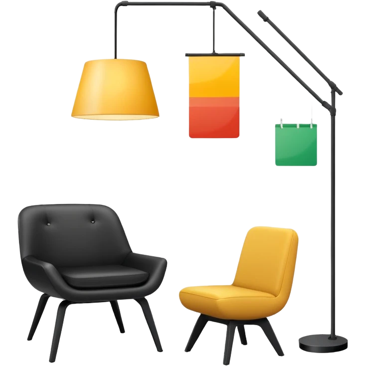 Create a minimalistic and stylish custom emoji that represents a premium interior design studio. The emoji should include a sleek modern chair, a hanging designer lamp, and architectural elements like a floor plan or a paint swatch.  emoji