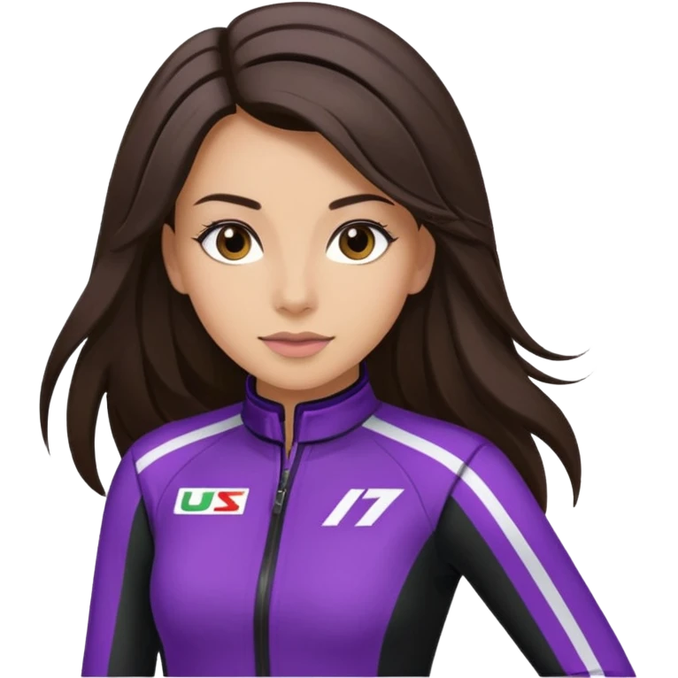 brunette long hair woman with black racing outfit with single purple strip emoji