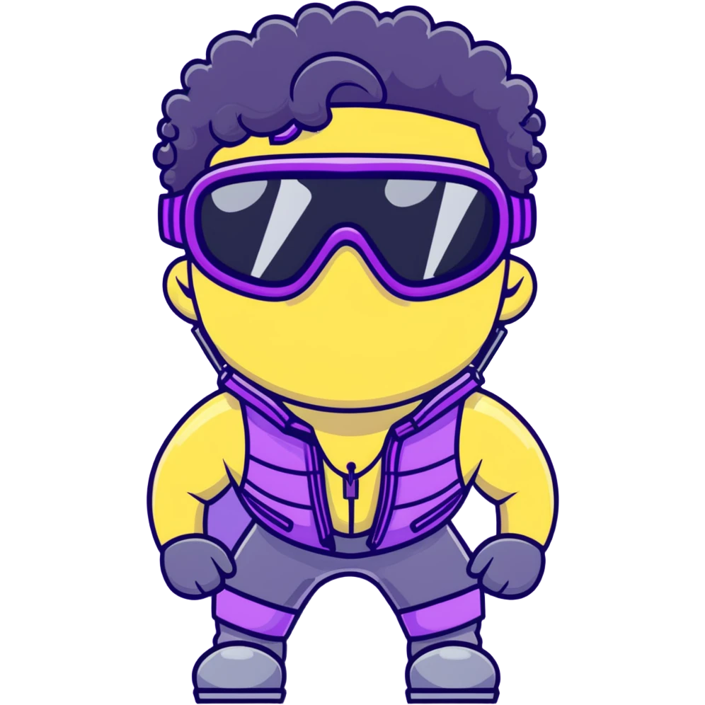 male athlete with white skin and moderately curly black hair on top with shaved sides, wearing ski goggles with purple frames and very dark black lenses, a simple plain black chain necklace, and a completely unzipped/wide open shiny purple vest fully revealing his chest and abs, no earrings emoji