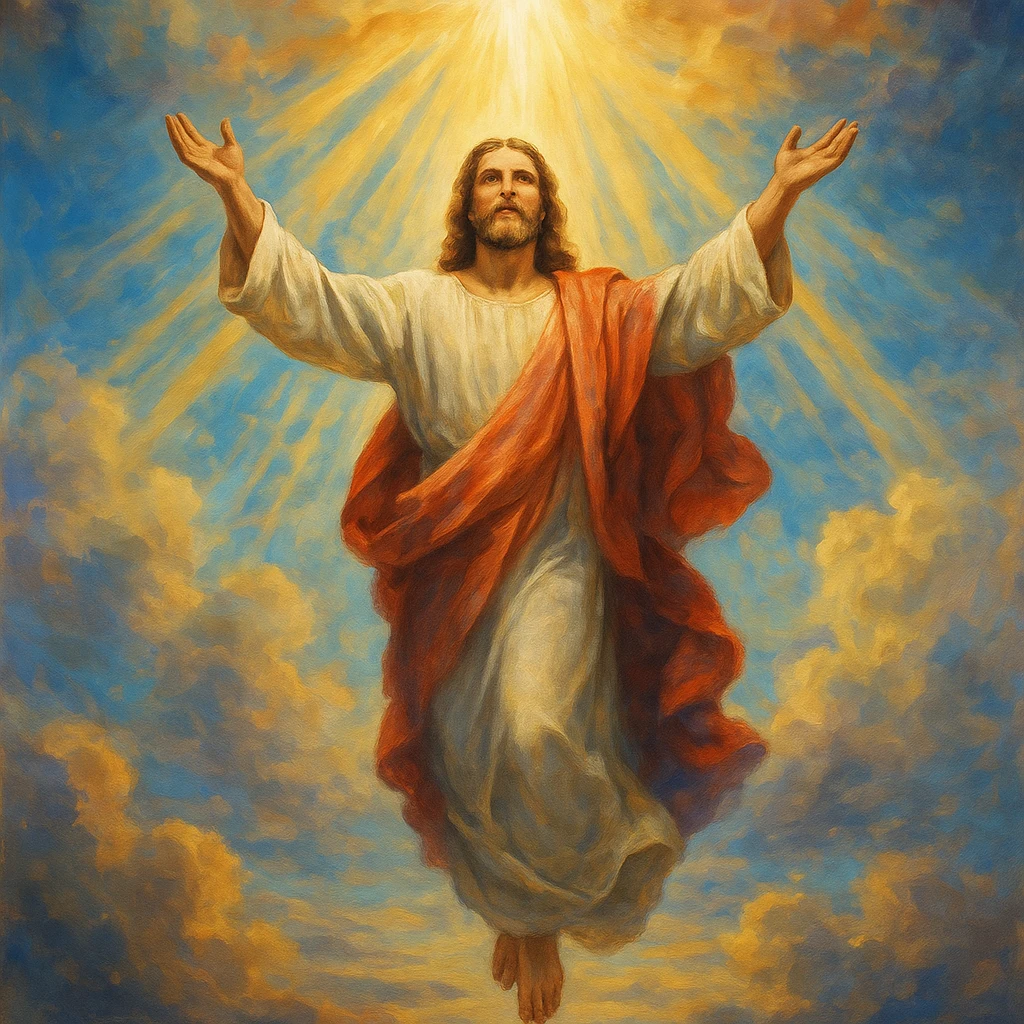 Jesus ascending into heaven, arms raised, the sky opening above with rays of light, uplifting and spiritual emoji