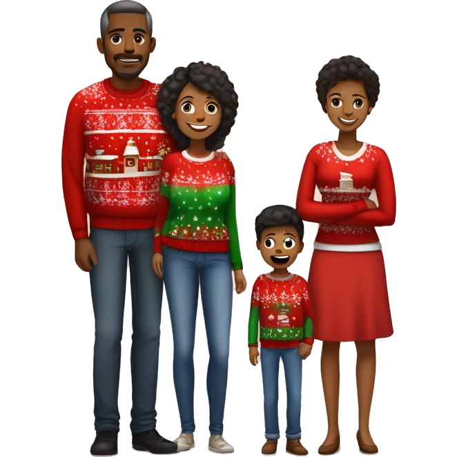 A Black family of four members with Dad, Mom, Son, and Daughter. The son stands next to Mother. The Daughter stands next to Father. All family members are wearing Christmas sweaters and Santa hats.  emoji