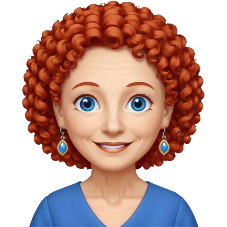 una profesora mayor simpática con el pelo rojo rizado, ojos azules, vestido azul y pendientes azules hablando altura completa sonriendo emoji