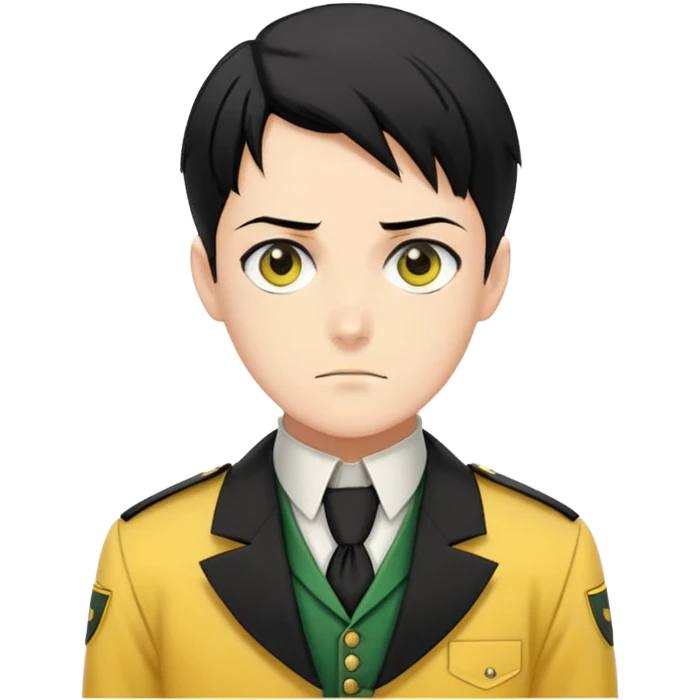 Levi Ackerman with black undercut hair, stern expression, wearing yellow uniform instead of green, with white cravat emoji