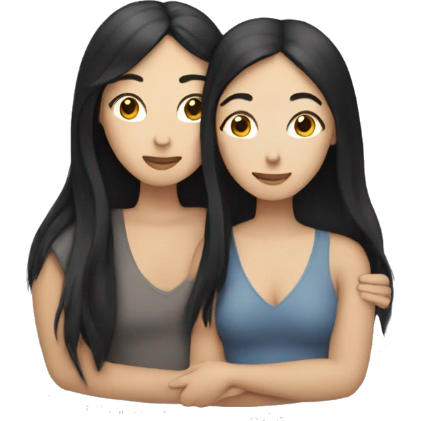A lesbian couple who both have white skin and long black hair are hugging intimately. emoji