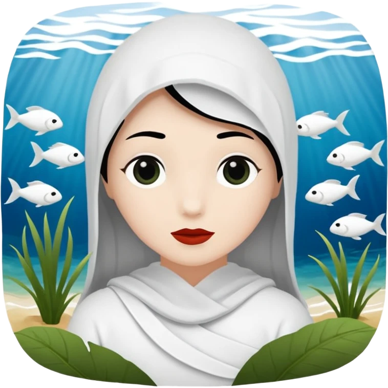 vull un perosnatge estil bimoji que sigui com una nimfa bella i fantasmal amb túniques blanques. Té la pell literalments blanca com el guix, cabell platejat, un nas llarg, ulls negres grans i llavis carmesí. que estigui somrient sense arrecades i roba vermellai balnca  emoji