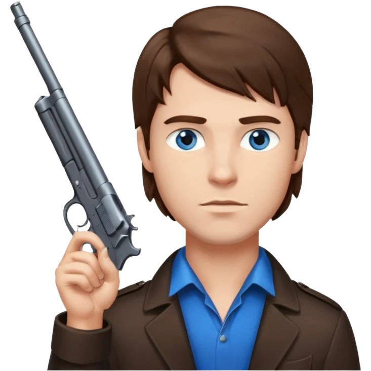 guy w medium long brown hair and blue eyes with gun pointed up at his chin emoji