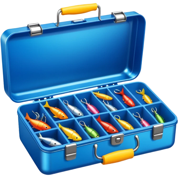 A tackle box filled with hooks, lures, and colorful bobbers.
 emoji