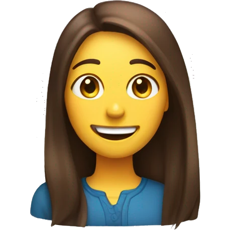 An emoji of a woman with long, straight brown hair and a very  large mouth, smiling with a friendly expression emoji