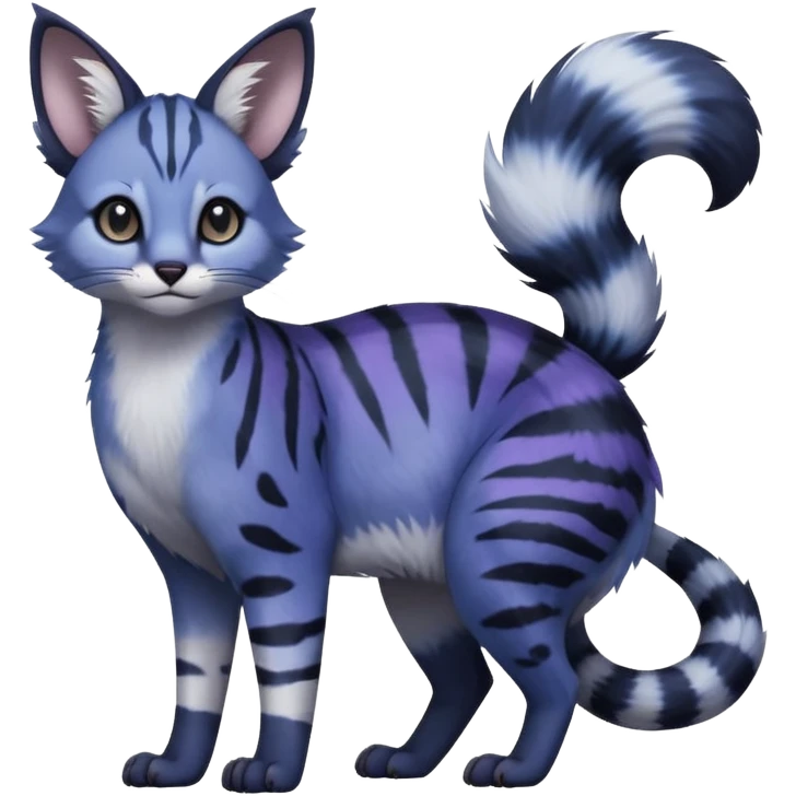 Realistic dull gloomy-dark-deep-grayish-indigo-violet-gradients fur with random markings beautiful elegant pretty precious cute  Fakémon-Pokémon-opossum-feline-serval-caracal-chinchilla-Minccino-hybrid-creature with a big fluffy bushy striped tail (full body) emoji