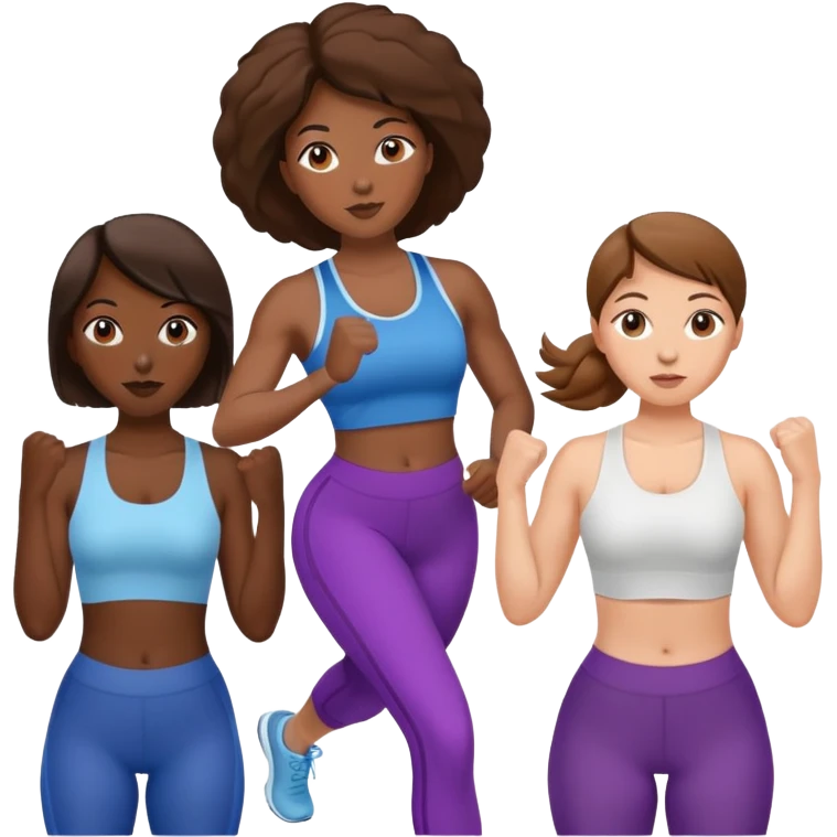 three women friends exercising together, one black woman with brown hair, two white women with brown hair emoji