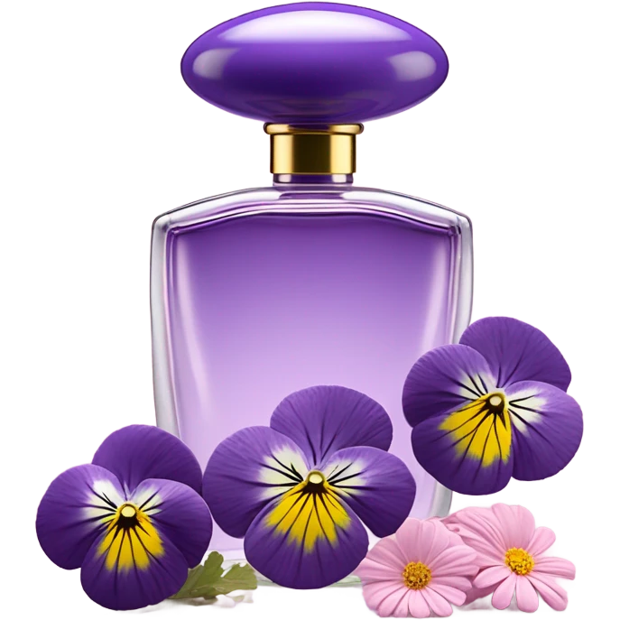 composition of aesthetically pleasing purple pansies, pastel pink daisies and a rosy vintage-style perfume bottle emoji