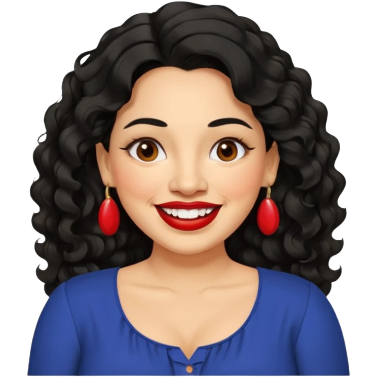 40 yr old Mexican woman, slightly chubby, wavy/curly long black hair, red lipstick, big smile, white teeth, brown eyes, hoop earings, side part to hair, round face, nice blouse, no wrinkle hair side swept, big hoop earing emoji