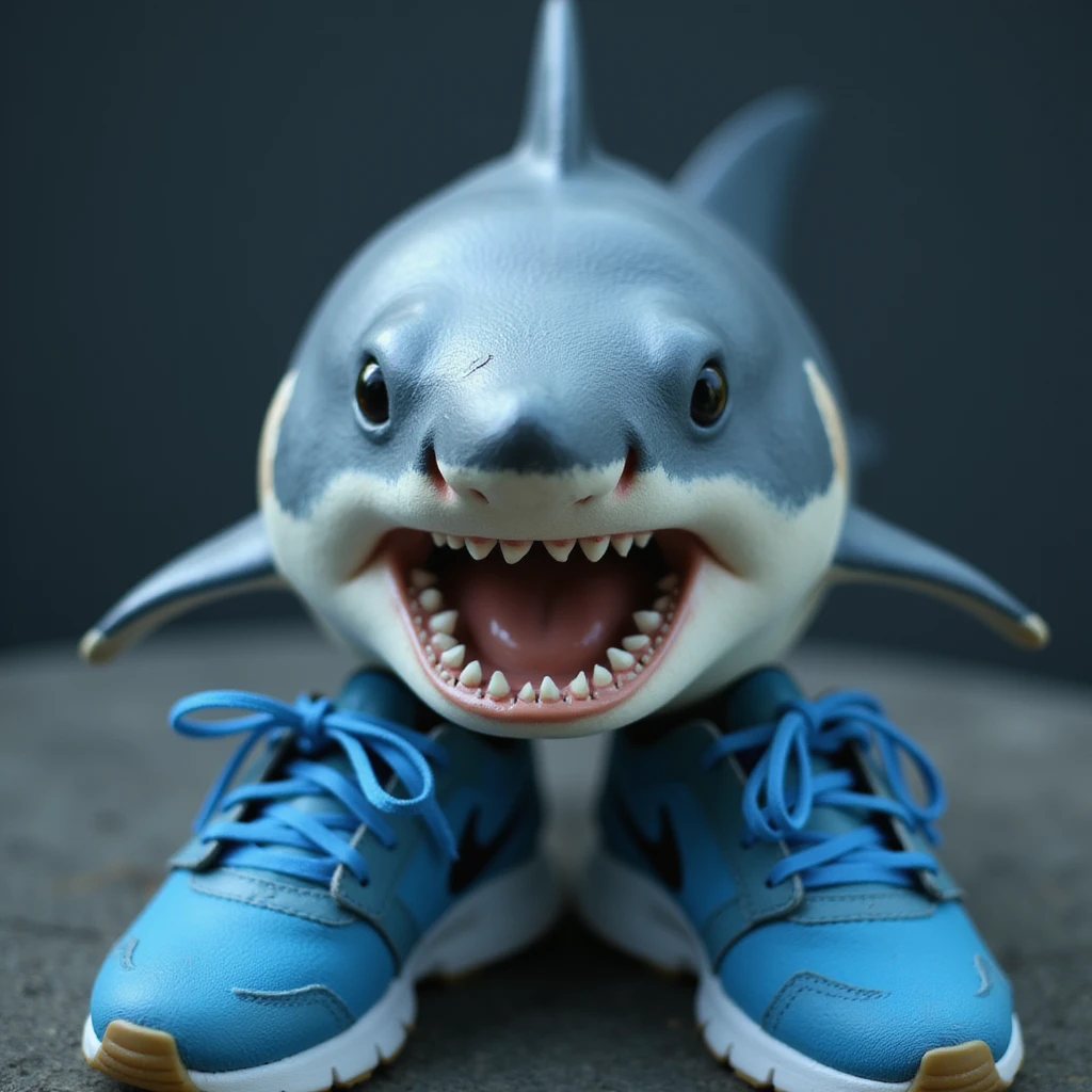 a lifelike shark with blue Nike shoes, close-up view emoji