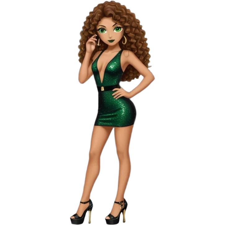 green eyes brown long curly hair woman, mafia boss style with 7 inch platform stripper high heels black glitter dress, Los Angeles Spanish style black outfit emoji