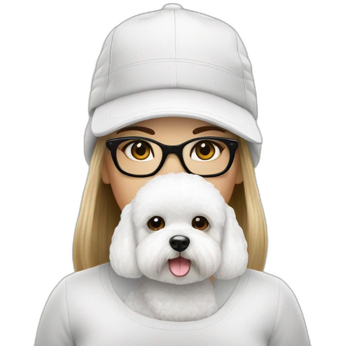 mujer piel blanca pelo largo negro gorro gafas y perro bichon blanco emoji