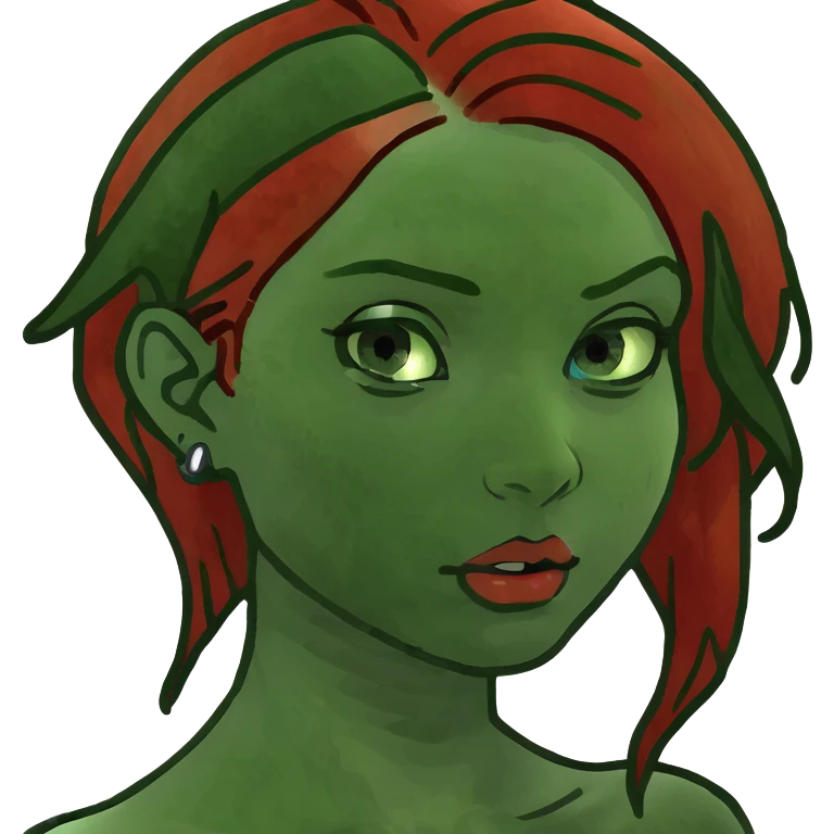 a girl with red hair and green streaks, blue eyes, piercings in a black dress emoji