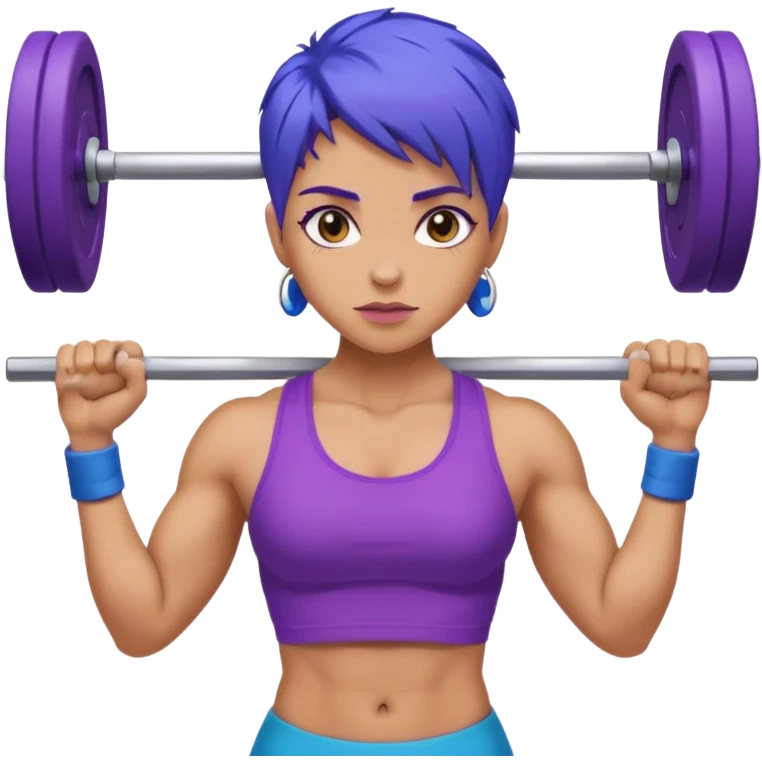 weight lift woman short blue purple har muscles bar is not growing from head emoji