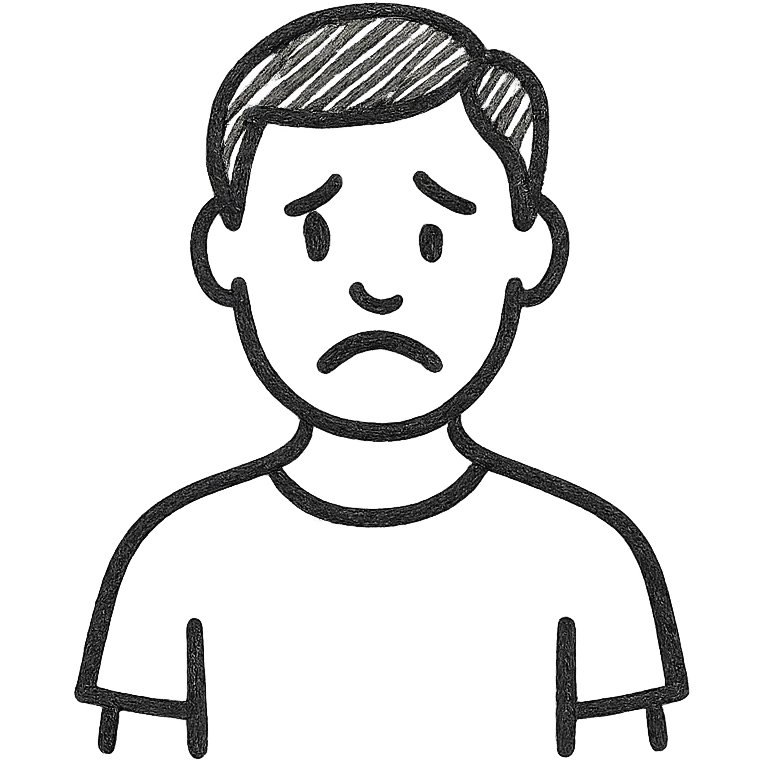 minimal black and white outline of a man in a t-shirt, sad expression, doodle style, no background emoji