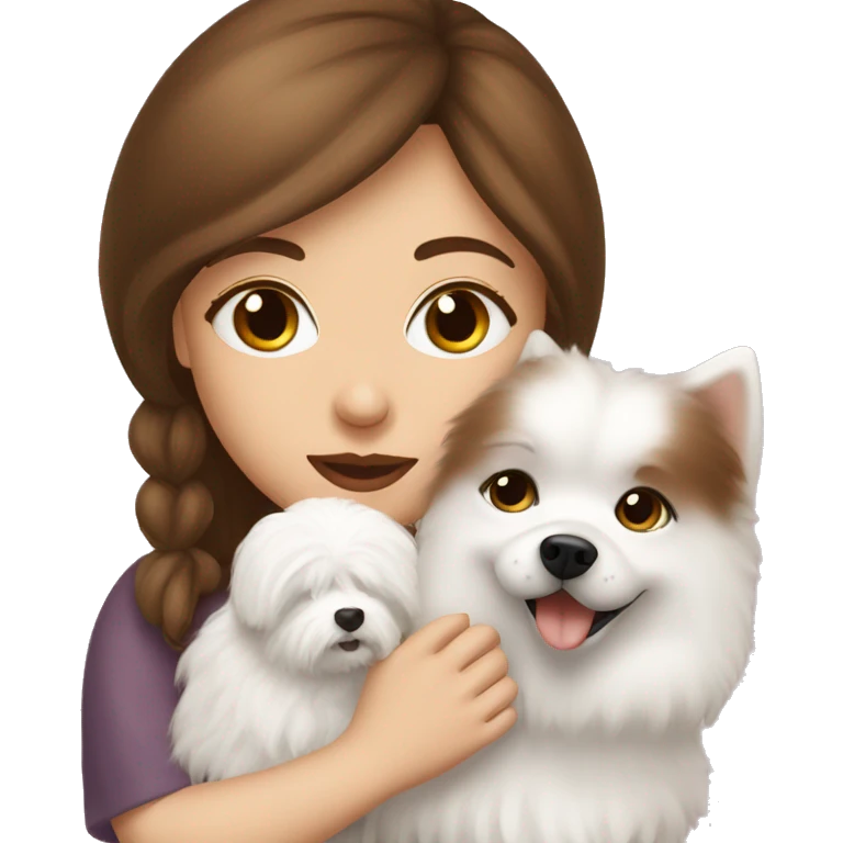 beautiful girl with brown hair kissing her cream white spitz dog emoji