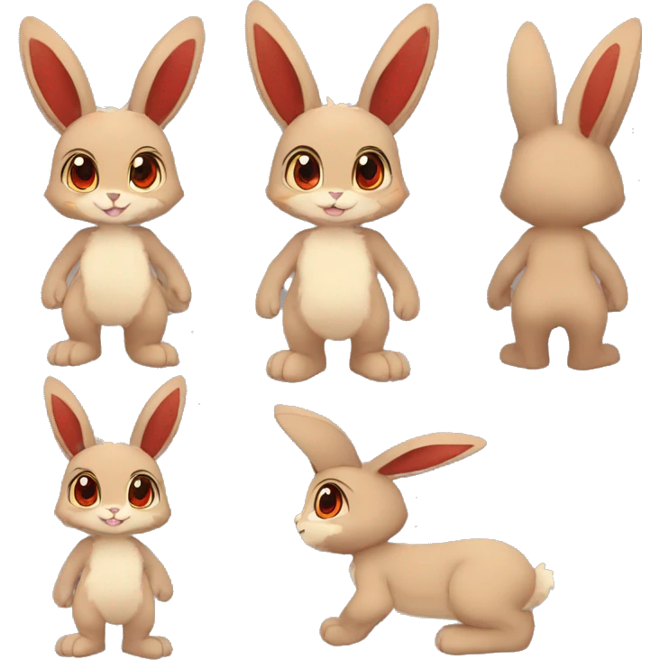 Anthro, Fur-Sona, Dark-Brown, Normal-type-Ground-type Tan-Rabbit-Fakémon with Dark-Red eyes, beige ears, beige belly, beige paws, beige feet, beige freckles, full body emoji