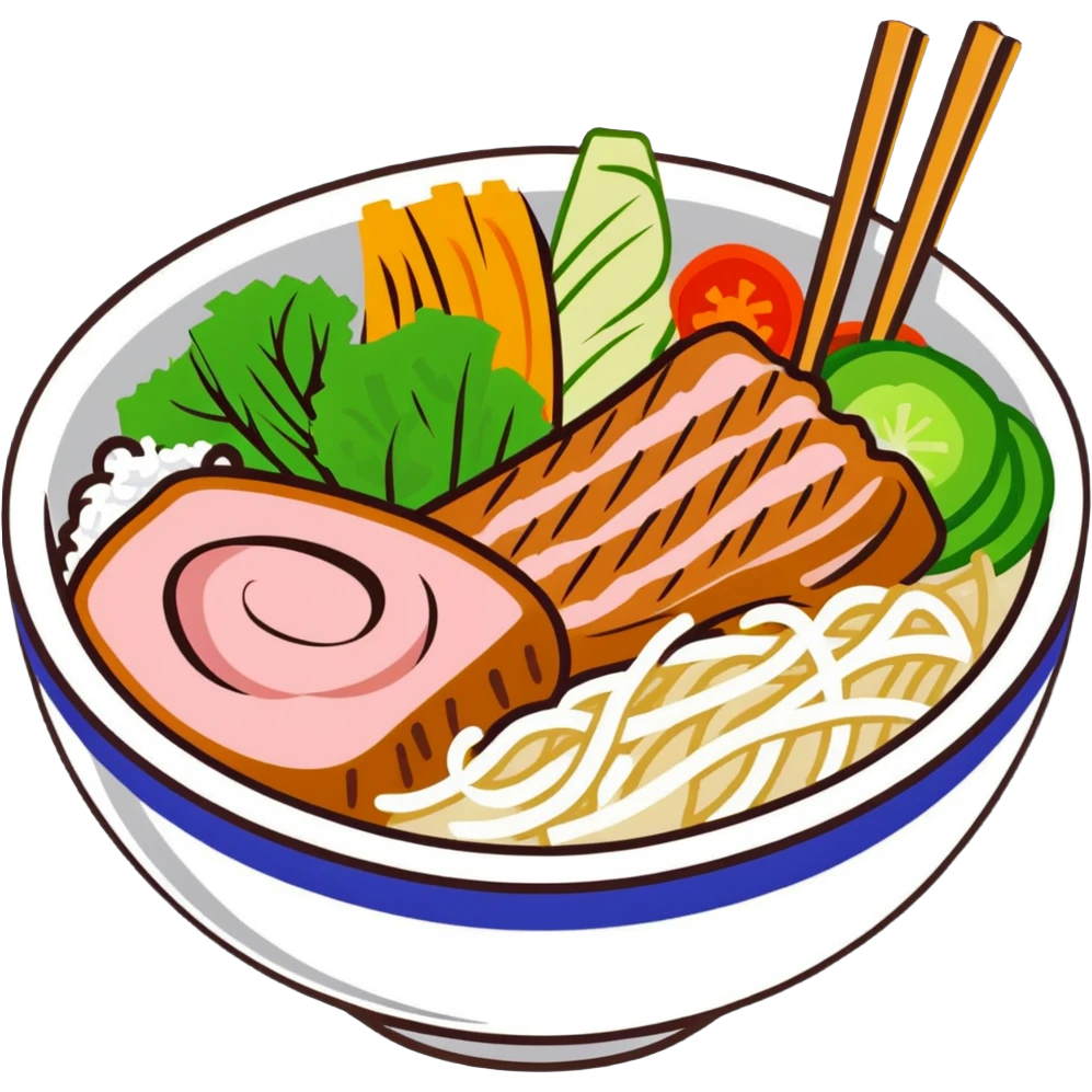 A Vietnamese Bún Thịt Nướng dish with rice noodles, grilled pork, fresh herbs, and vegetables in a bowl emoji