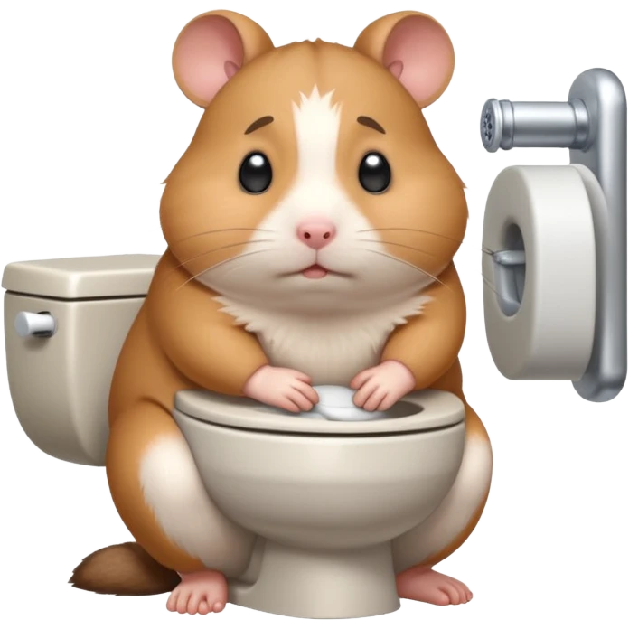 Cute chubby cartoon-style hamster sitting on toilet pooping looking guilty emoji