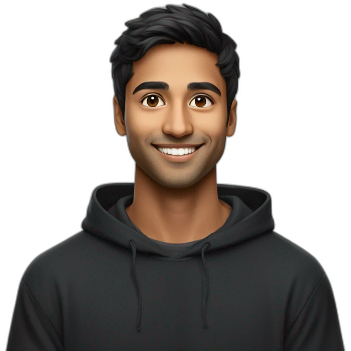 25 year old indian silicon valley creator economy startup founder smiling in a black hoodie with broad shoulders profile photo wearing apple vision pro face only emoji