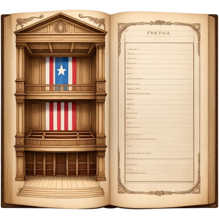 Open antique book with clearly visible detailed stage design sketches spread across both pages, showing theater elevation drawings and floor plans, Puerto Rican flag colors in the sketches, wooden bookmark emoji