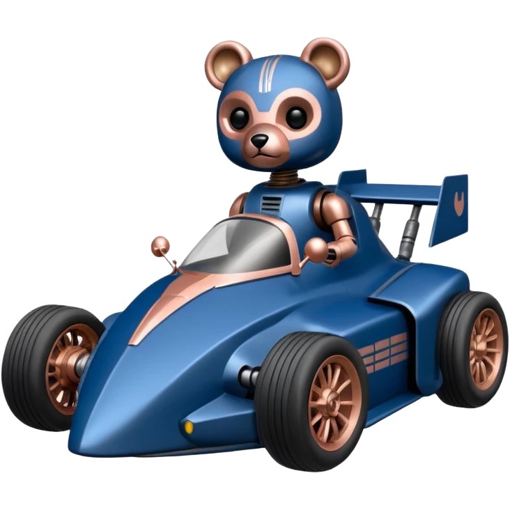  Space-weathered/Carbonized Metallic dark blue and rosegold-accented  racing car for furry-faced grey bearded evil alien scary robot teddy bear with custom open-aero body and rear spoiler (Star Wars style) emoji
