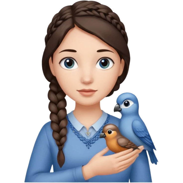 женщина с темно-коричневой косичкой набок и серо-голубыми глазами и светлой кожей держит на руке трех птиц коричневого и серого цвета emoji