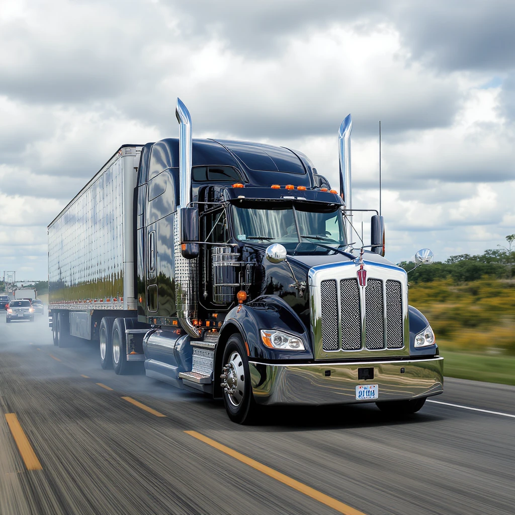 2026 Kenworth W680 sleeper semi truck, black, with chrome exhaust stacks, driving down the road, a car in front, realistic style, dynamic angle, clear details emoji