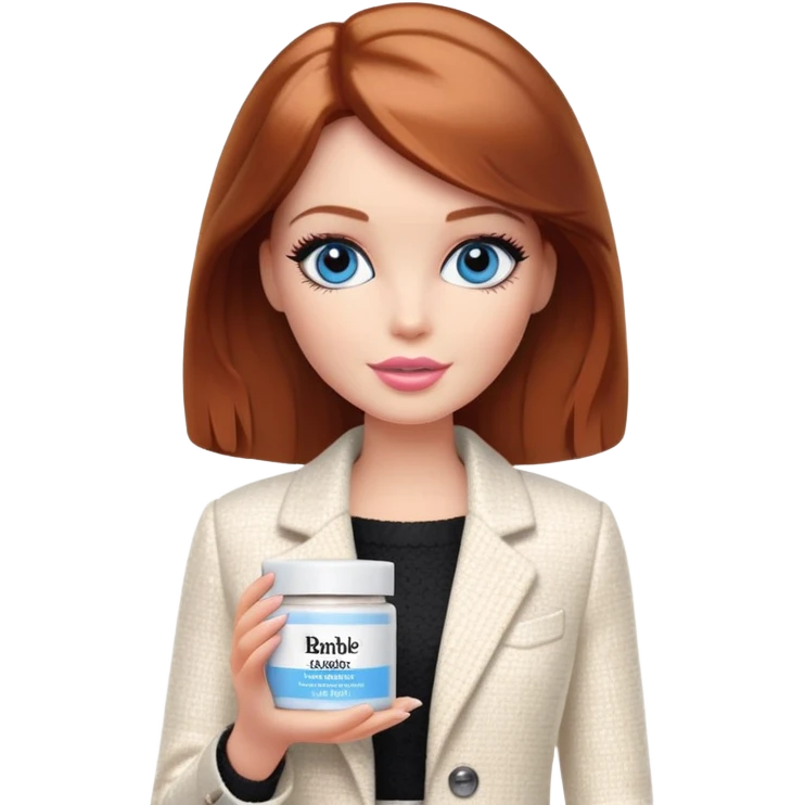 A Barbie girl with blue eyes, shoulder-length reddish-brown hair with makeup, wearing a white tweed jacket and a black skirt, holds pale beige body moisturizer cream pot emoji