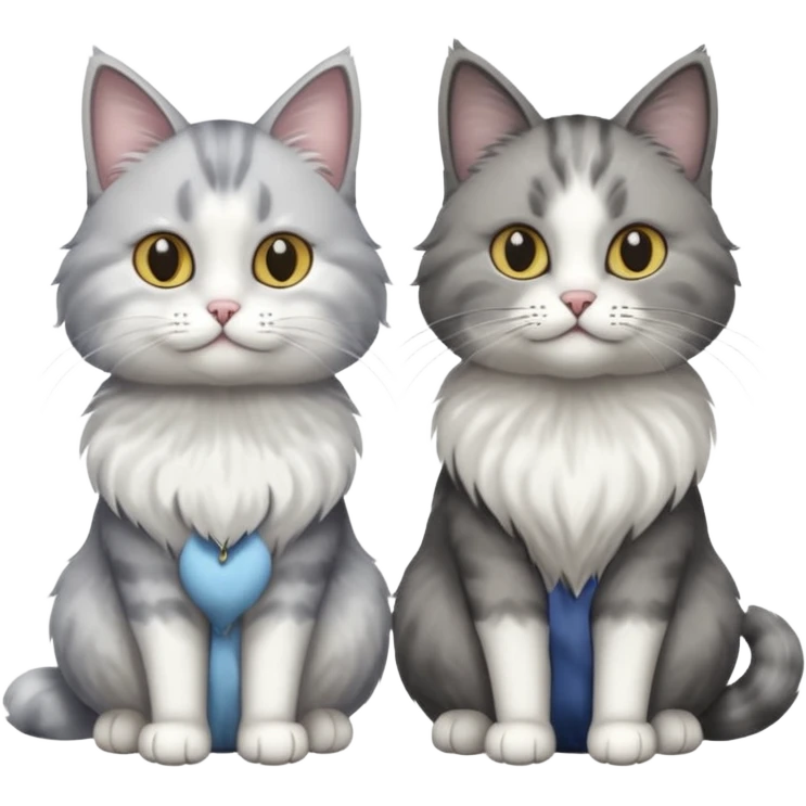a realistic looking very fluffy grey and white cat sitting next to another cat emoji